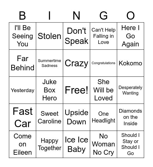 Music Bingo Part 2 Bingo Card