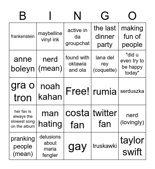 wee lesbian Bingo Card