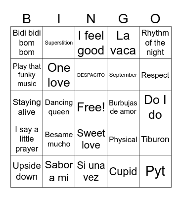 Songs we clean to Bingo Card