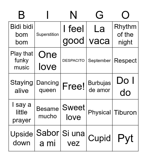 Songs we clean to Bingo Card