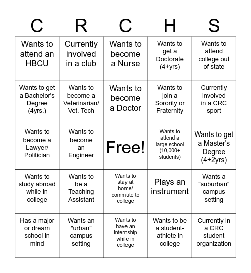 College Prep Bingo Card