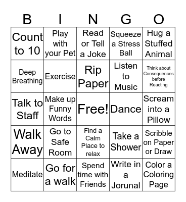Anger Coping Skills BINGO Card