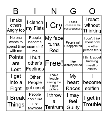 How Anger Affects Myself and Everyone Else Bingo Card