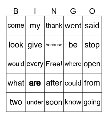 Sight Word BINGO Card