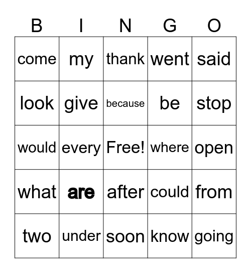 Sight Word BINGO Card