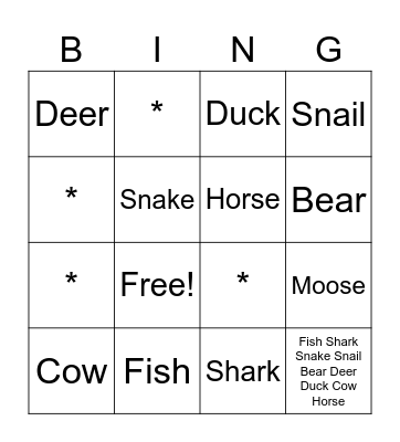 Animals Bingo Card