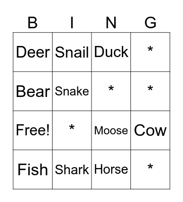 Animals Bingo Card