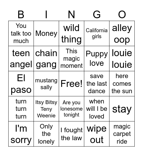 1960 Bingo Card
