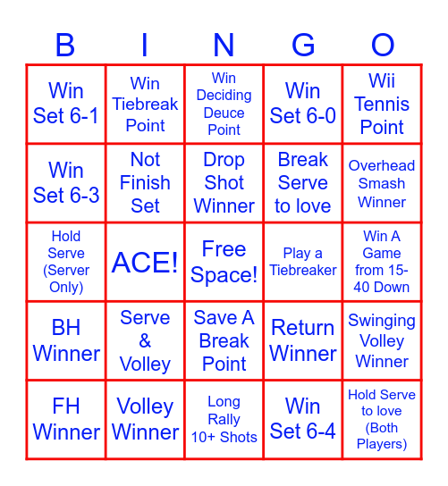 JTC Adult Tennis Bingo/Blackout Bingo Card