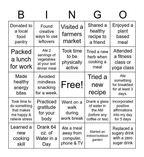 National Nutrition Month Bingo Card