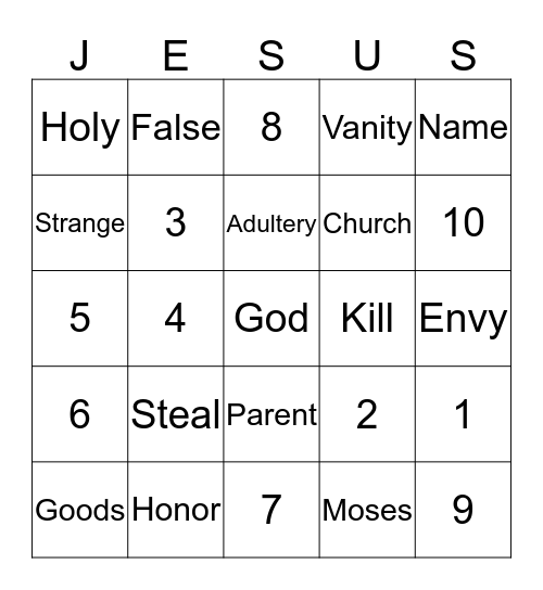 10 Commandments Bingo Card