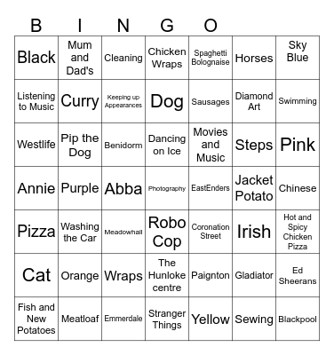 My Favourite things Bingo Card