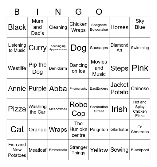 My Favourite things Bingo Card