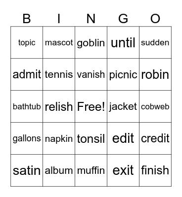 2 syllable with 1 and 2 consonants Bingo Card