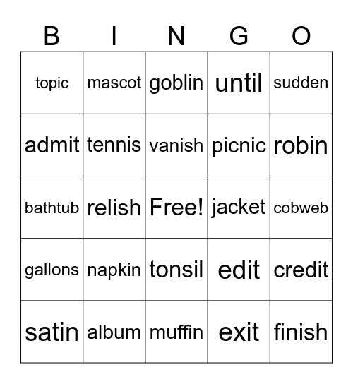 2 syllable with 1 and 2 consonants Bingo Card