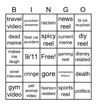 Instagram reel bingo Card