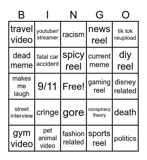 Instagram reel bingo Card