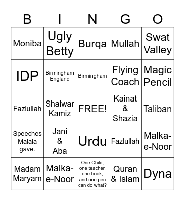 I Am Malala Bingo Card