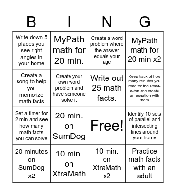 4-5 Grade Spring Break Math Bingo Card