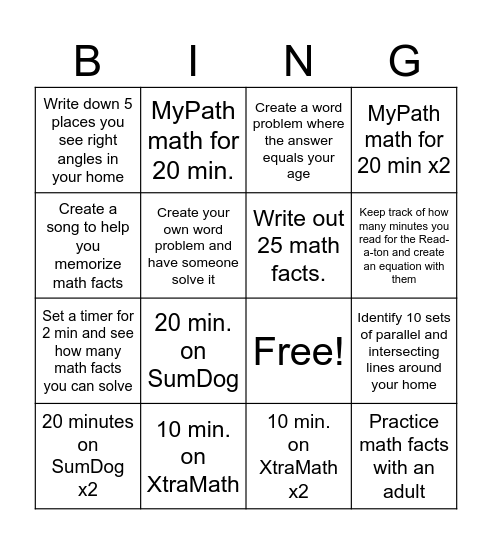 4-5 Grade Spring Break Math Bingo Card