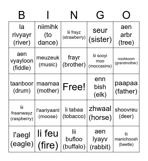 Michif Bingo Card