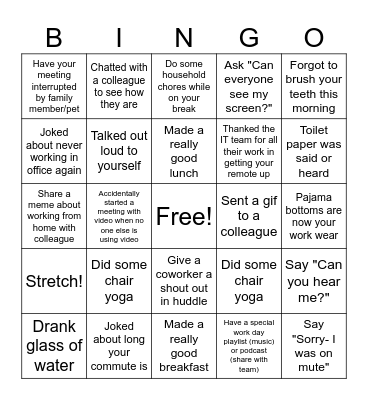 Remote Work Bingo Card