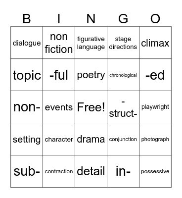 ELA Vocabulary Bingo Card