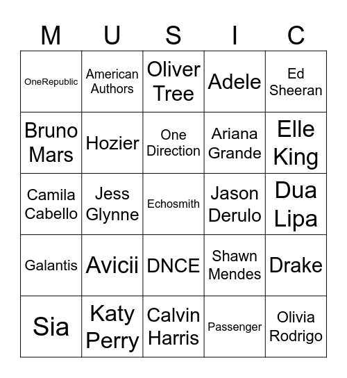 Music Bingo #90 (2015-Present) Bingo Card