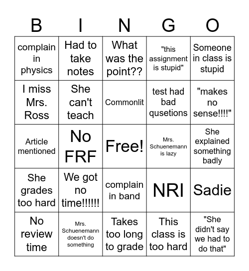 Seniors complain about Schuenemann Bingo Card