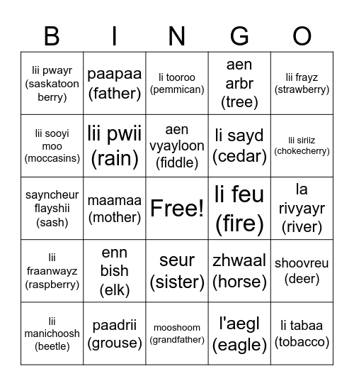 Michif Bingo 2 Bingo Card