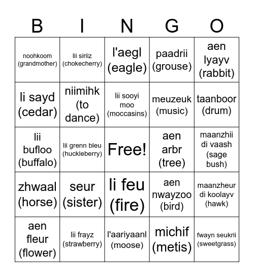 Michif Bingo 3 Bingo Card