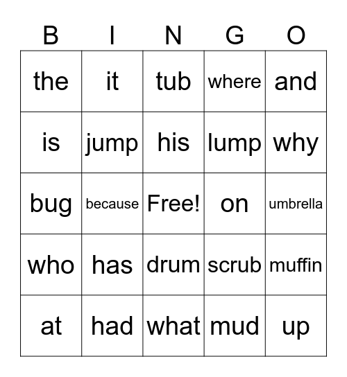 Sight Word and /u/ Bingo Card