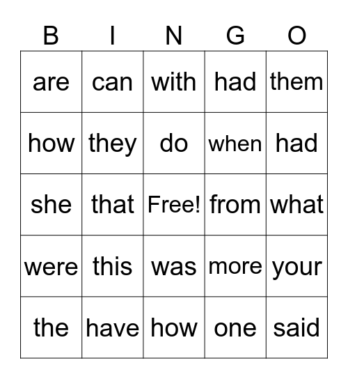 HIgh Frequency Words Bingo Card