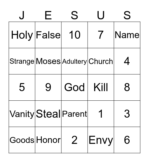 10 Commandments Bingo Card