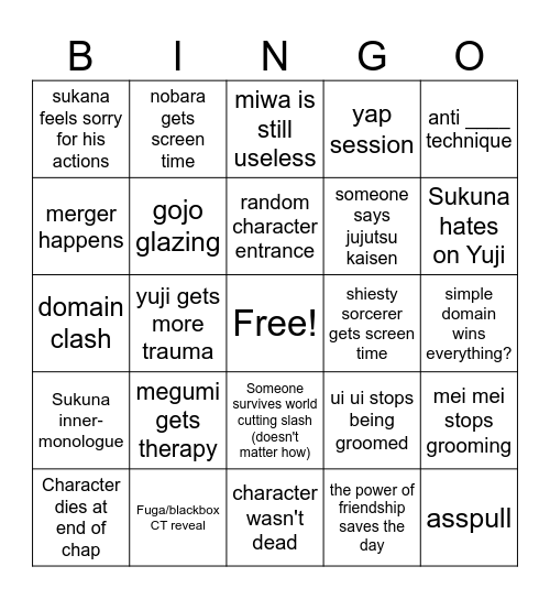 jjk leak night bingo 255 Bingo Card