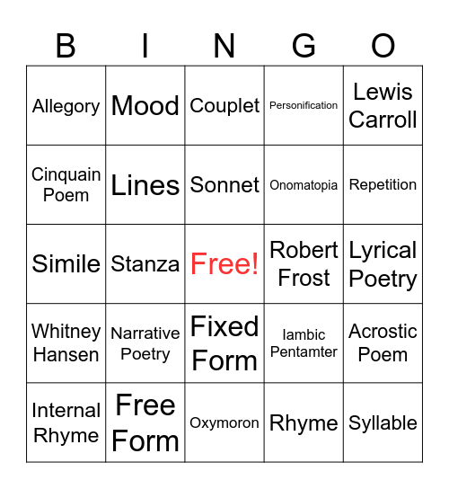 Poetry Bingo Card