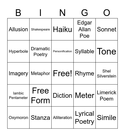 Poetry Bingo Card