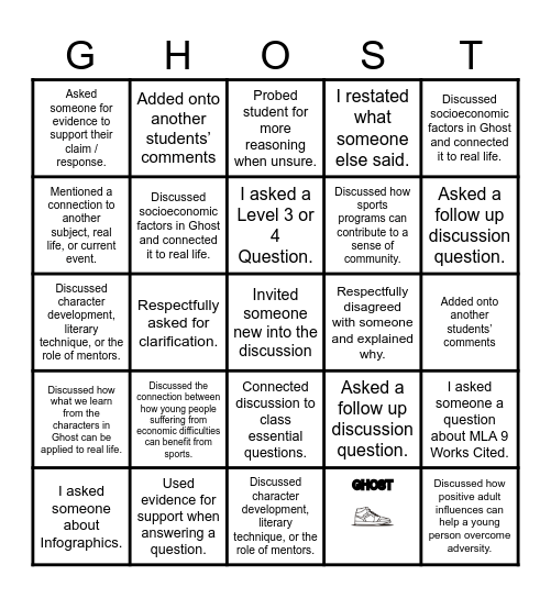 GHOST Class Discussion Bingo Card