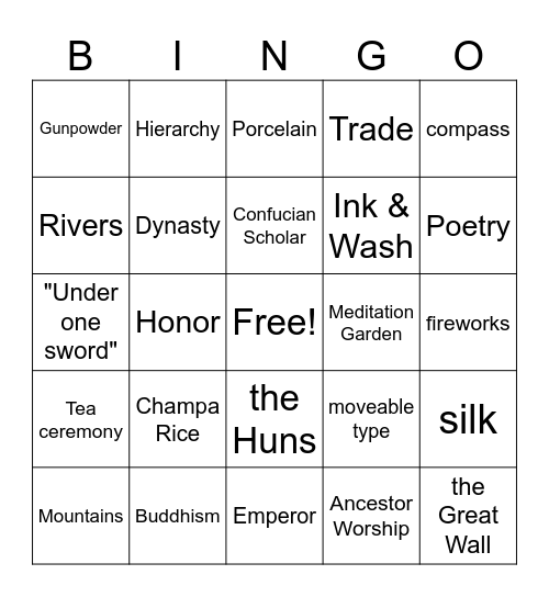 Imperial China Mulan Bingo Card