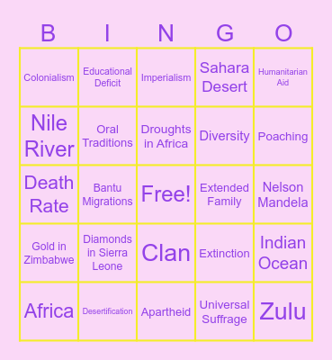 Africa: Key Vocabulary Bingo Card