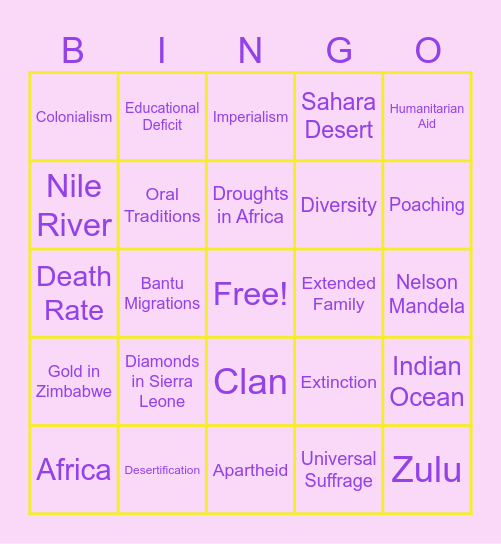 Africa: Key Vocabulary Bingo Card