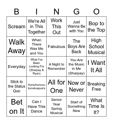High School Musical Bingo Card
