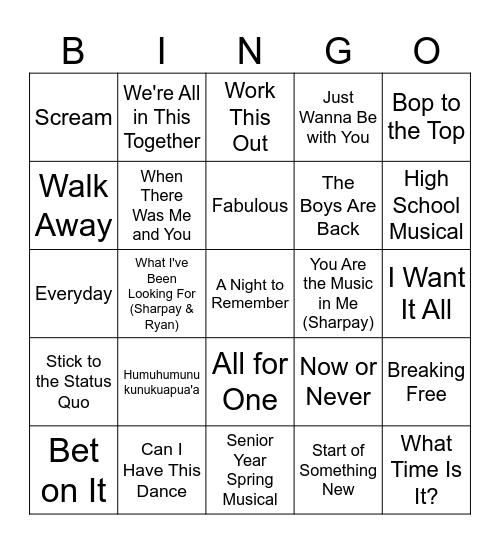 High School Musical Bingo Card