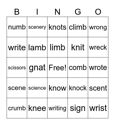 Silent letters Bingo Card