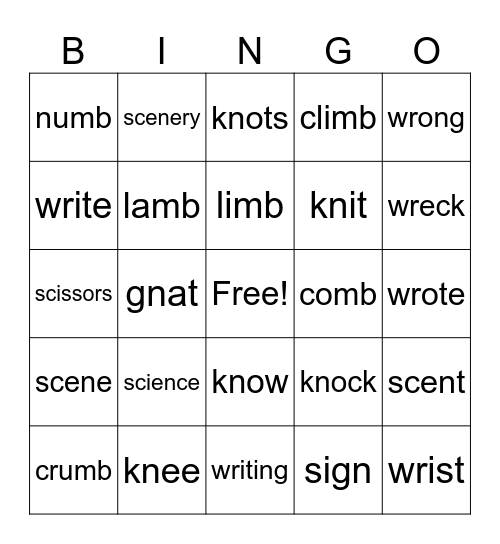 Silent letters Bingo Card