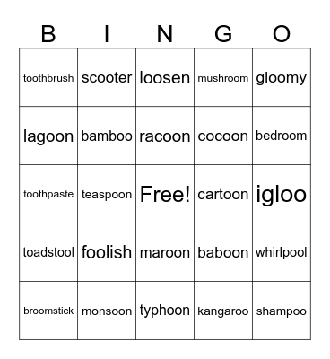oo in food Multisyllabic BINGO Card