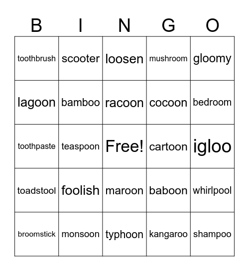 oo in food Multisyllabic BINGO Card