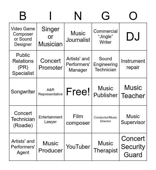 Careers in Music Bingo Card