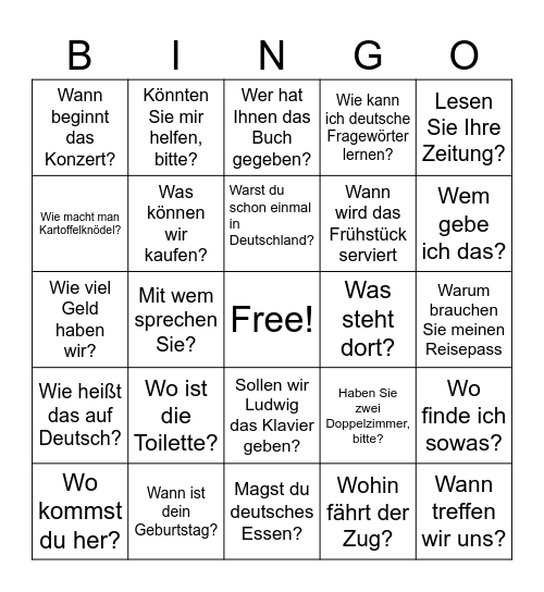 German conversation BINGO Card