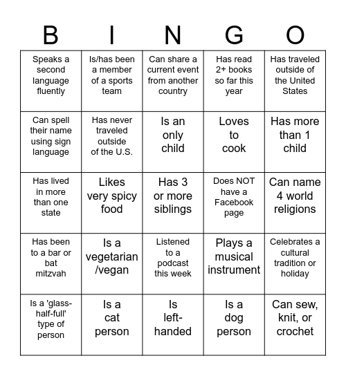 DEI - Get To Know You Bingo Card